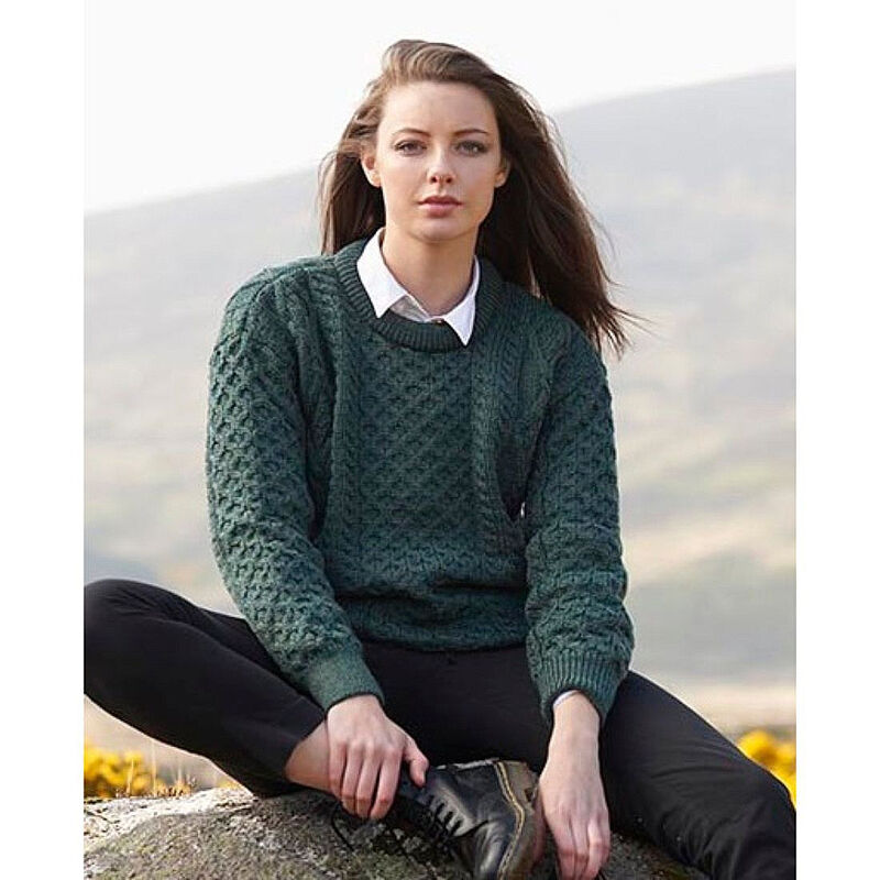Inish Mor Aran 100% Pure New Wool Moss Green Crew Neck Sweater